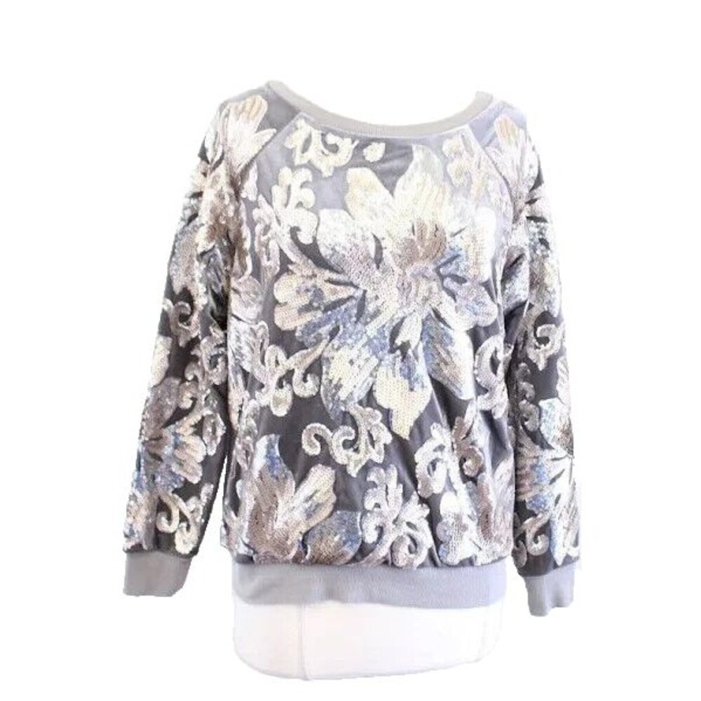 Soft Surroundings Womens Gray Velvet Floral Sequin Pullover Sweatshirt Size Med